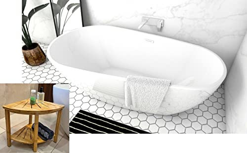 ECOLAM® exklusive freistehende Badewanne Standbadewanne moderne Wanne freistehend Kira 166 x 85 cm + Ecktisch Bambus Costa + Ablaufgarnitur Click Clack Design Acryl glamour weiß