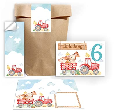 Junapack 12 Einladungskarten zum 6. Kindergeburtstag Einladungen sechste Geburtstag Mädchen Jungen Bauernhof incl. 12 Umschläge, 12 Tüten/natur, 12 Aufkleber