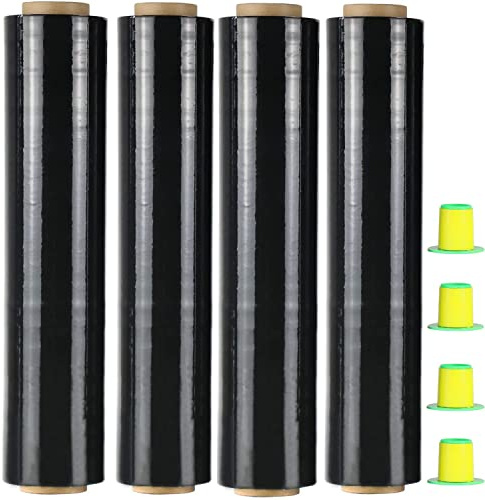 CHUANGSEED Stretchfolie Packfolie Schwarz 4 Rollen Strechfolienrolle Palettenfolie mit Drehbarer Hülse,400mm x 250m Handfolie Wickelfolie