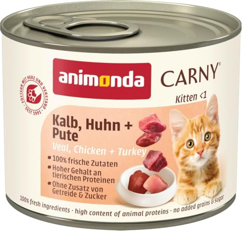 animonda Carny Kitten, våtfoder för unga katter, burk kattmat för unga katter, kalvkött, kyckling + kalkon 12 x 200 g