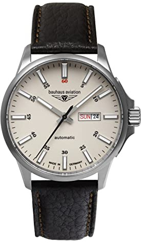 Bauhaus Aviation Herrenuhr mit Lederband Titan Automatik 10 ATM Saphirglas Tag Datum DayDate 2866-5