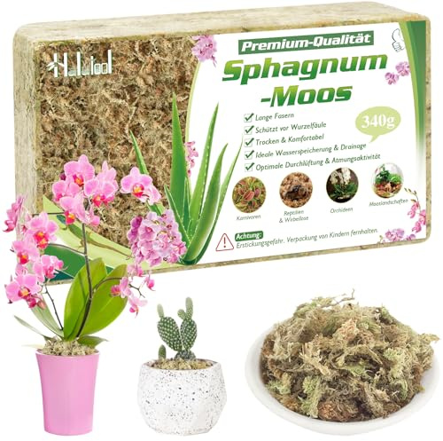 Halatool 340g Sphagnum Moos für Pflanzen,Natürliches Langfaser Torfmoos | Moos für Orchideen,Terrarien,fleischfressende Pflanzen,Sukkulenten und Reptilien
