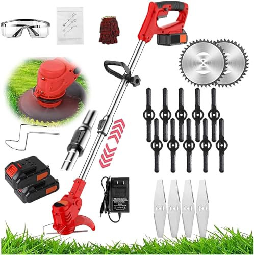 Tondeuse à gazon électrique, tondeuse à gazon sans fil 24 V, motoculteur alimenté par batterie 650 W for tonte/élagage/jardinage, tondeuse à gazon avec poteau télescopique et tête réglable (Color : R