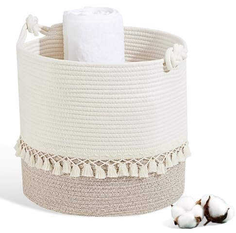 HDRNT Wäschekorb Geflochten aus Baumwolle,38L Wäschesammler mit Henkel,Pfandflaschen Aufbewahrung,Aufbewahrungskorb Laundry Baskets für Spielzeug,Wäsche Organizer für Bad(35x40cm) (braun)