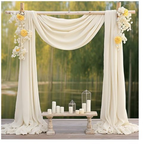 Egurs 2 Stück Querbehang Hochzeit Hochzeitsbogen Tüllstoff Traubogen Tüll Hintergrund Vorhang Chiffon Gardinen Freihanddeko für Fotografie Laube Torbogen Zeremonie Party Elfenbein 75 * 550cm