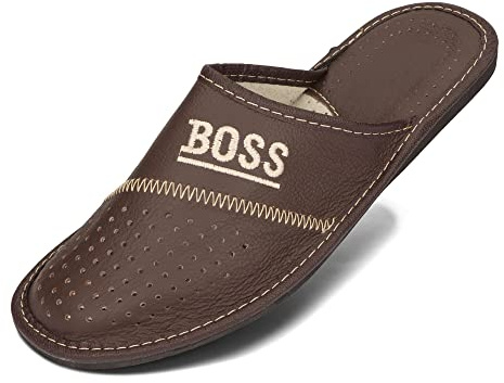 BeComfy Pantofole da Uomo in Pelle con Ricamo VIP KingDad Supermen Relax Ciabatte da Uomo 40-46 EU (Marrone, 41)