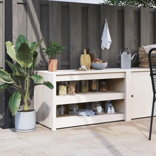 LAPOOH Outdoor-Küchenschrank Weiß 106x55x64 cm Massivholz Kiefer, Outdoor Küche, Grilltisch, Pflanztisch, Outdoor Schrank, Outdoorküche, Sideboard Küche - 832334