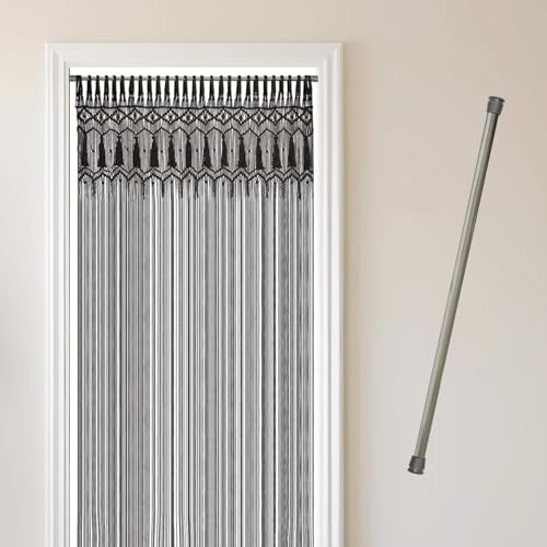 Cozyor Makramee Boho Vorhang + Klemmstange 70-120 cm ohne Bohren Türvorhang 132x200cm Fenstervorhang Raumtrenner, Wandbehang & Deko schwarz Silber, Handmade