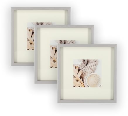 Wackadoo 3er Set Holz Bilderrahmen Set, FSC® Holzrahmen Silber Fotowand Bilderrahmen groß Fotogalerie Wandcollage Fotorahmen mit Glasscheibe mit Passepartout (13x13 cm)