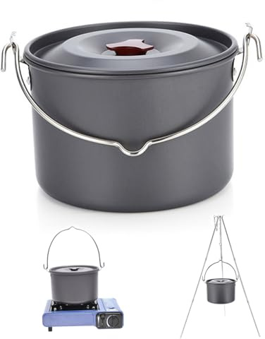 Camping Pot 4L Round Lightweight Camping Cooking Pot with Lid Hanging Anti-Rust Camping Cookware Cooking Equipment Portable for Self-Driving Tour BBQ Picnic