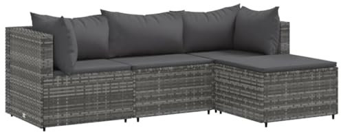 Gecheer 4-TLG.Garten-Lounge-Set Gartenmöbel Set mit Kissen Gartensofa Lounge Sitzgruppe Sitzgruppe Fußhocker Sofagarnitur Sitzgarnitur Terrassenmöbel Sofa Garnitur Loungemöbel Grau Poly Rattan