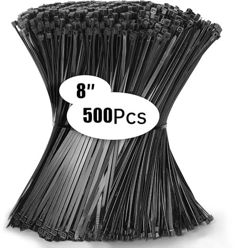 DUNSOO 500 Pack Black Cable Ties, 200mm x 4.8mm Premium Nylon Zip Ties, Heavy Duty Tie Wraps for Wire Management, Home, Garden, Office and DIY