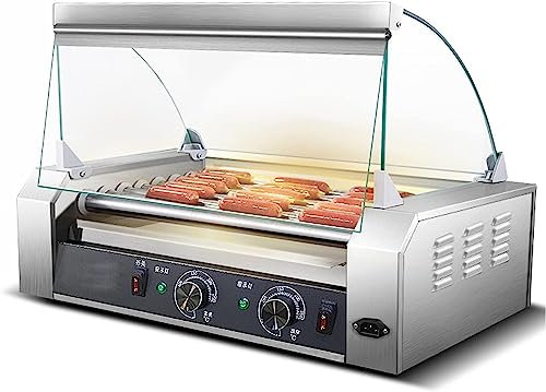 ZHJOPP Macchina per Cottura a griglia elettrica per Hot Dog da 1400 W in Acciaio Inossidabile 7 rulli 18 capacità per Hot Dog con Copertura in Vetro