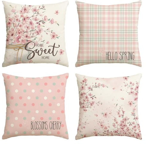Artoid Mode Striefen Tupfen Kirschblüten Vase Hallo Frühling Kissenbezüge 4er Set, 45x45 cm Sommer Saisonnal Zierkissenbezug Cushion Cover Deko