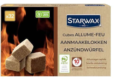 STARWAX - Cubi accendifuoco - Fino a 10 min. di combustione - Accensione rapida - Non altera il sapore degli alimenti - PEFC - x32 cubetti