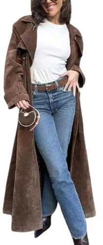 ebossy Women's Fashion Faux Suede Open Front Long Trench Coat Notched Lapel Double Breasted Maxi Overcoat with Belt (XL, Dark Brown)