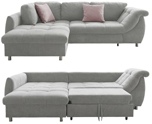 luma-Home 17002/ Ecksofa mit Schlaffunktion & Bettkasten, Mikrofaser Grau | B250/T190/H84 cm, Wellenunterfederung und Komfortschaum, Longchair Ottomane links, 2 Zierkissen Rosé