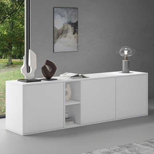 doporro TV Lowboard 180cm Sideboard 3 Türen hängend oder stehend | TV Möbel mit verstellbaren Böden & griffloser Front, matt Weiß, Sideboard für Wohnzimmer, BxTxH:180x36x52,6cm, Schrank02