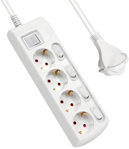 EXTRASTAR Regleta Alargador con 4 Enchufes + 4 Interruptor Individuales, 1 Interruptor Principal, Cable 1.5M Clavija Plana, para el hogar, Oficina y Viajes, 16A, 250V, 3680W, Blanco