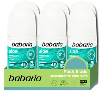 Babaria - 6-pack med deodorant för kvinnor och män Roll On Aloe Vera | Deodorant för barn och vuxna | Fuktgivande Deos Deodorant | 48h skydd | 100% vegan