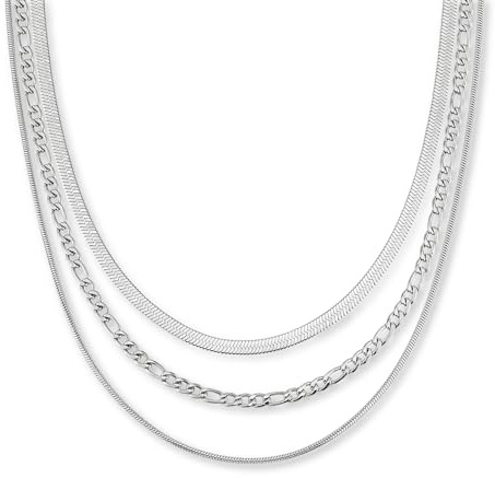 3 st rostfritt stål halsband för damer i silver - Silverfärgat vattentätt halsbandsset | Silverfärgat lager-på-lager-halsband - Ormhalsband (2mm, 4mm), Figarohalsband (4mm)