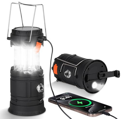 HOTUT Linterna de Camping, Lampara Camping Recargable, Linterna Solar Portátil, Linterna Camping con Mango Plegable, Manivela y Cargador USB, LED Luz Camping para Camping, Senderismo, Pesca, Montaña