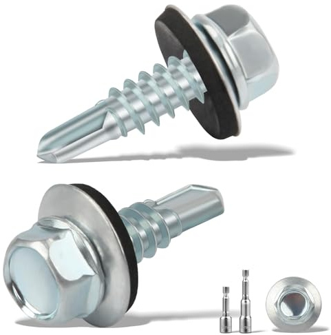 sturiz 100 Pièces Vis Autoforeuse Metal 4.8X16mm Vis Autoperforante Bac Acier pour Tole Toiture Avec Rondelle D'étanchéité - 2 Douilles Hexagonales Incluses M8 - Galvanisées, Argenté