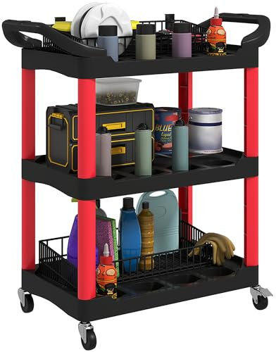 HOMCOM Carrello Porta Attrezzi a 3 Livelli, Carrellino da Officina in Plastica con Maniglie e Ruote Girevoli con Freno, Carrello Portautensili Capacità 91 kg, 83x43x97 cm, Nero e Rosso