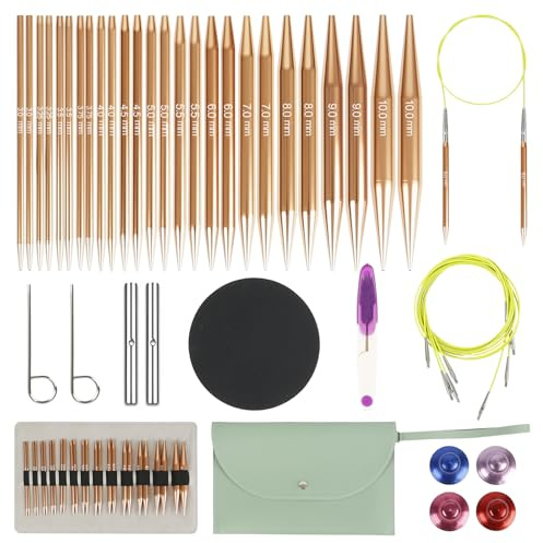 Interchangeable Circular Knitting Needles Set, 13 Pairs of Interchangeable Needles with Crochet Scissors, Bag, Accessories, Needle Diameters 3–10 mm, Aluminum Crochet Hook Set (Champagne)
