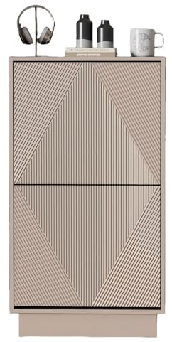 UEV Schuhschrank mit 2 Klappen, Schuhkipper Schuhkommode Schuhregal schmal für Flur mit Kippschutz/Drucktüröffner Push to Open, Verstellbare Trennwände für Verschiedene Schuhtypen 50x24x91cm Moka | Schuhschrank mit Linienmuster, Schuhregal mit Anti-Drop-Funktion, für Flur, Eingang, Wohnzimmer