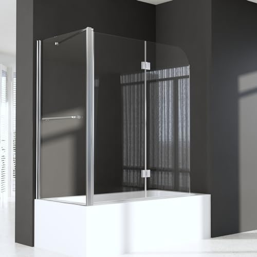 Duschwand für Badewanne 70 x 120 x 140 cm mit Seitenwand 2-teilig Faltbar Silber Duschwand Duschabtrennung aus 6mm Nano Glas