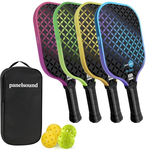 Panel Sound Pickleball Paddles Set of 4, 4 Fiberglass Pickleball Rackets, Pickleball Racquets 4 Pack with 1 Carrying Case & 4 Outdoor Balls