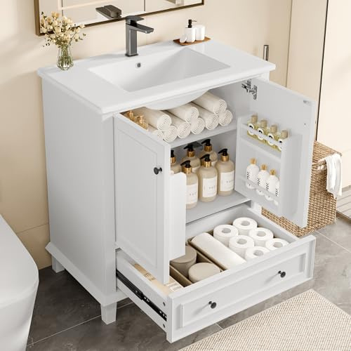 Biqzuya Meuble Vasque Salle de Bain sur Pieds 76x46x87 cm - Meuble de Toilette avec Vasque en Céramique Intégrée - Imperméable à l'Humidité et à l'eau, Grand Rangement, Blanc