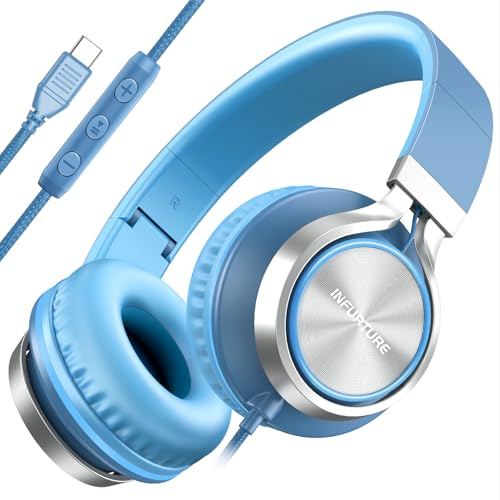 INFURTURE USB-C-Kopfhörer mit Mikrofon und Lautstärkeregler, Nur 191g Over Ear kopfhörer, Leicht Kopfhörer für Schule/Reisen/iPhone 17/16/15, Samsung Galaxy S25/S24, Google Pixel 9 (Hellblau)