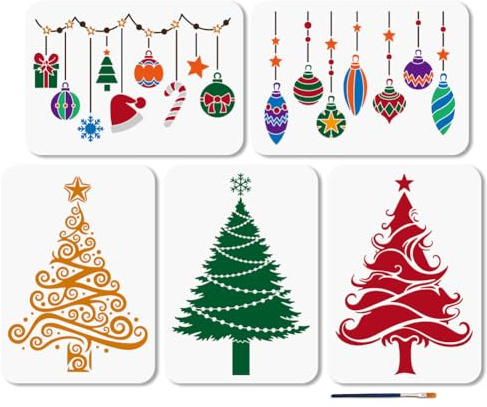 MAYJOYDIY 5 Stück Lichtkugeln Schablone Weihnachtsbaum Malschablonen 29.7×21cm Zeichenvorlage Für Weihnachtselemente Mit Pinsel Zum Basteln Auf Fenstern Holzwänden Heim Weihnachtsdekoration
