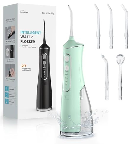 OasiSmile Munddusche Kabellos Elektrisch, Munddusche Testsieger 2025, 4 Modi und 5 360° Jet-Tipps, 300ML Oral Irrigator zur Täglichen Tiefenreinigung, IPX7 Wasserdicht für Reise & Zuhause, Grün
