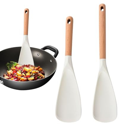 Espátulas De Silicona Resistentes Al Calor | 2 Piezas Pala de Freír con Mango de Madera - Espátula Volteadora para Freír de la Cocina - Para Uso En Casa, Parrilla, Chef, Crepes, Hornear, Cocina