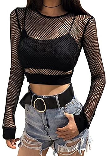 HOTSO Top De Malla para Mujer Sexy Manga Larga Transparente Negro Elástico Blusa Transparente Ajustado Estilo Red Calado Redondo Ideal para Fiestas Discotecas O para Dormir Tallas