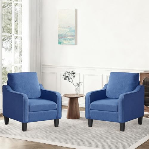 XH.Easy Go Armchair for Living Room Set of 2,Mid Century Modern Accent Chair with Thick Cushion,Upholstered Linen Fabric Single Sofa Chair for Small Spaces,Comfy Arm Chair for Bedroom,Apartment,Blue