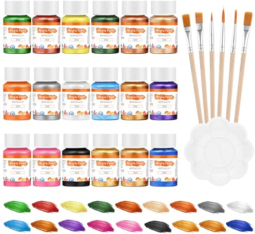 YULL Acrylfarbe Metallic Set - 18 x 25 ml Glänzend Acryl Farbe, Ungiftige, Glitter Farbe für Leinwand, Stein, Holz, Papier, Möbel, Stoff und Malkarton