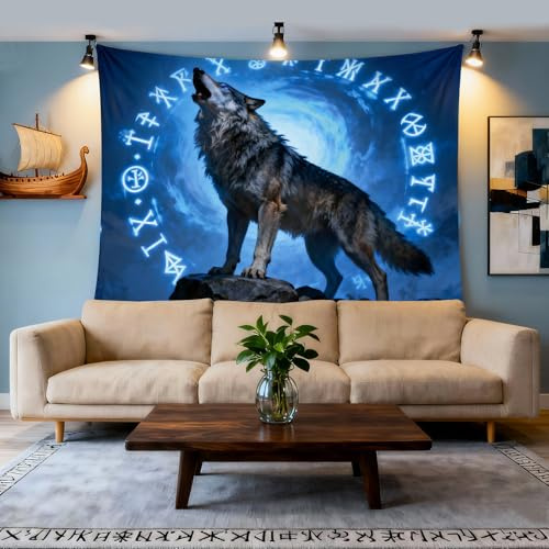 WIERAEM Wikinger Wandteppich, Wolf Totem Meditation Runen Wandtuch, Nordische Mythologie Viking Wandteppich, für Schlafzimmer Wohnzimmer Wandbehang Deko (200cmX150cm)