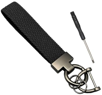 TOZBLEU Llavero trenzado con anillo en D y 2 aros metálicos, Llavero de cuerda elástica para coche, llavero de muñeca hombre mujer, keychain resistente para llaves, de coche elegante,Negro