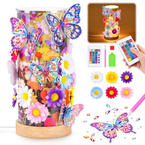 Gift for 8 9 10 5 6 7 Year Old Girl Diamond Painting Kit Flower Night Light | Diamond Arts and Crafts Kit for Kids Butterfly Birthday Present for 6 7 8 9 11 Year Old Girls Boys DIY Toy for Girls age 5-12