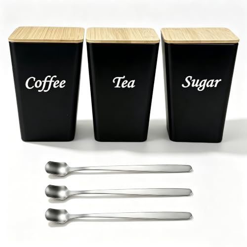 Yeqqzq Tea Coffee Sugar Canisters, Set of 3 Tins for Coffee Tea Sugar Set | Airtight Kitchen Storage Jars with Spoons, Decorative Food Caddy, Kitchen Storage Jars,Durable Lightweight Stainless Tins