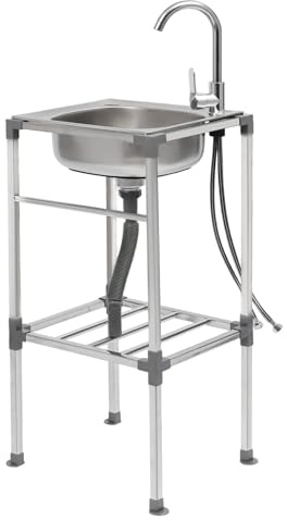 Lavabo de pie de acero inoxidable con compartimento de almacenamiento, protección contra salpicaduras, patas silenciosas, drenaje rápido para restaurante, bar, obra, hogar