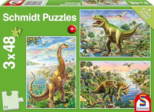 Schmidt Spiele 56202 Abenteuer mit den Dinosauriern, 3x48 Teile Kinderpuzzle, grün