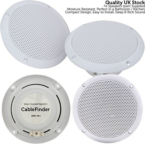 4x Moisture Resistant Ceiling Speakers – 80w 16Ohm 5” Kitchen Bathroom 2 Way Loud – Water Splash Proof – Impendence/Amplifier – Loops