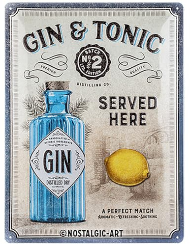 Nostalgic-Art Retro Blechschild, 30 x 40 cm, Gin & Tonic Served Here | aus Metall, Vintage Design, Blechschilder Sprüche, Geschenk-Idee für die Hausbar