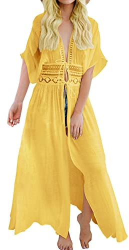 FANCYINN Dam sommar cover up bikini maxi strandklänning boho kimono lång strand kofta lätt kofta strandkläder, GUL, L