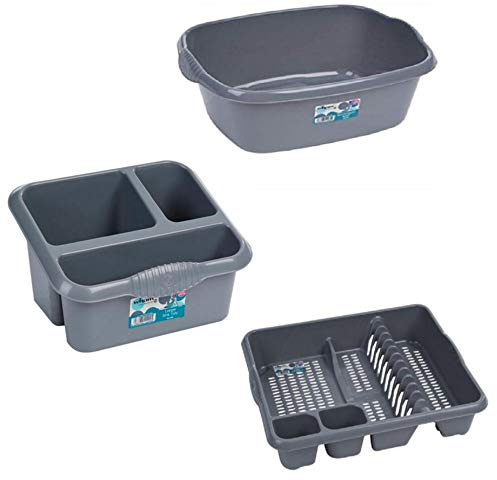 Galleries Plastic Large Kitchen Sink Set of 3 Rectangular Washing Up Bowl, Sink Tidy and Large Dish Drainer (Silver/Grey)